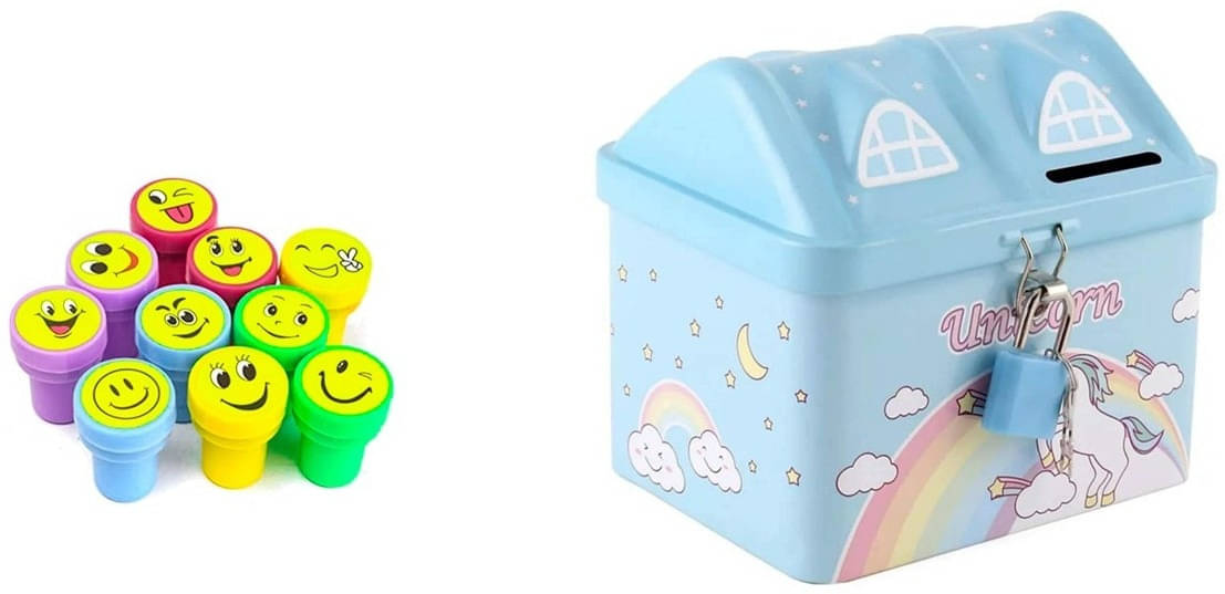MINDFIT Combo Pack of Face Smiley Stamp and Blue Unicorn Piggy bank For Kids Gift Item MINDFIT Combo Pack of Face Smiley Stamp and Blue Unicorn Piggy bank For Kids Gift Item