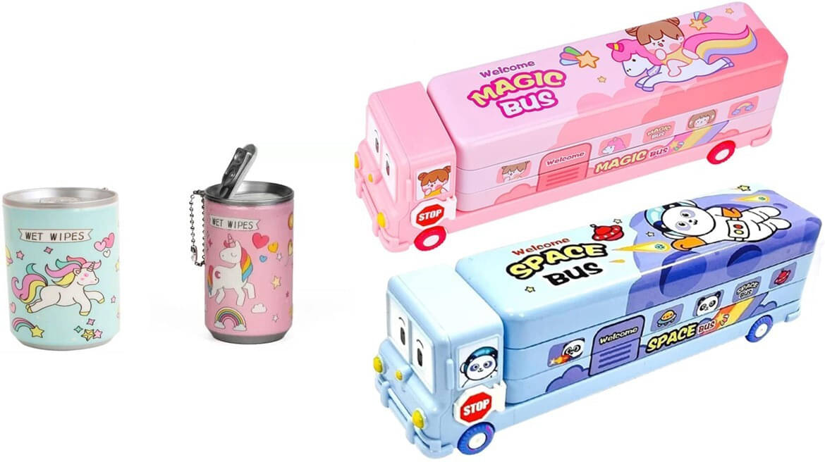     			MINDFIT Combo of 4 Wet Wipes, Geometric Box Unicorn Theme Stationary Birthday Gift Item