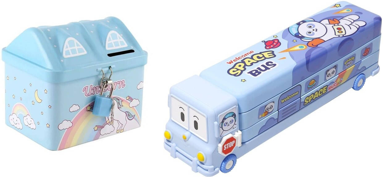 MINDFIT Combo of Blue Unicorn Piggy Bank & Space Theme Pencil Box Birthday Return Gift MINDFIT Combo of Blue Unicorn Piggy Bank & Space Theme Pencil Box Birthday Return Gift