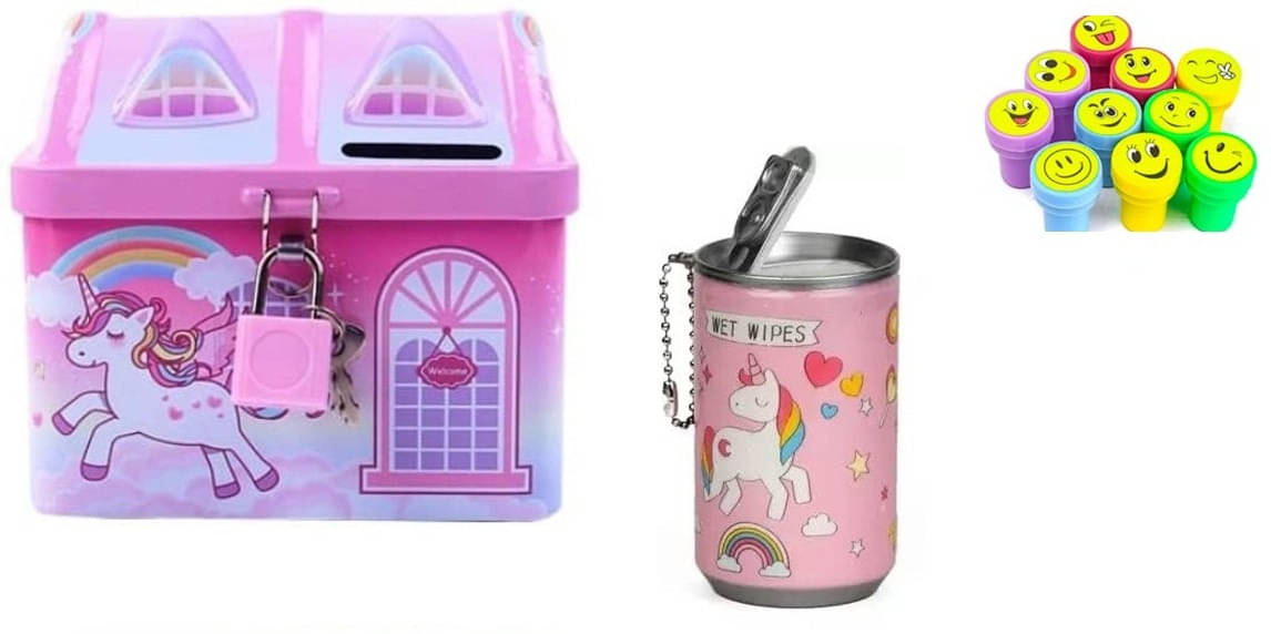     			MINDFIT Combo of Pink Unicorn Piggy bank, Wet Wipes, Plastic Smile Face Stamps For Kids