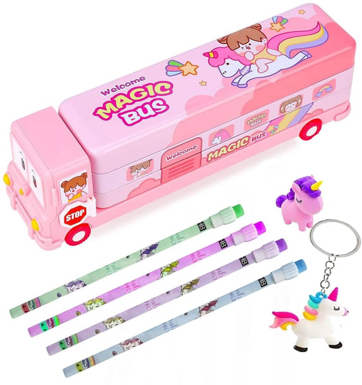     			MINDFIT Combo of Unicorn Birthday Gift For Kids Pencil, Keychain, Rubber, Geometric Box