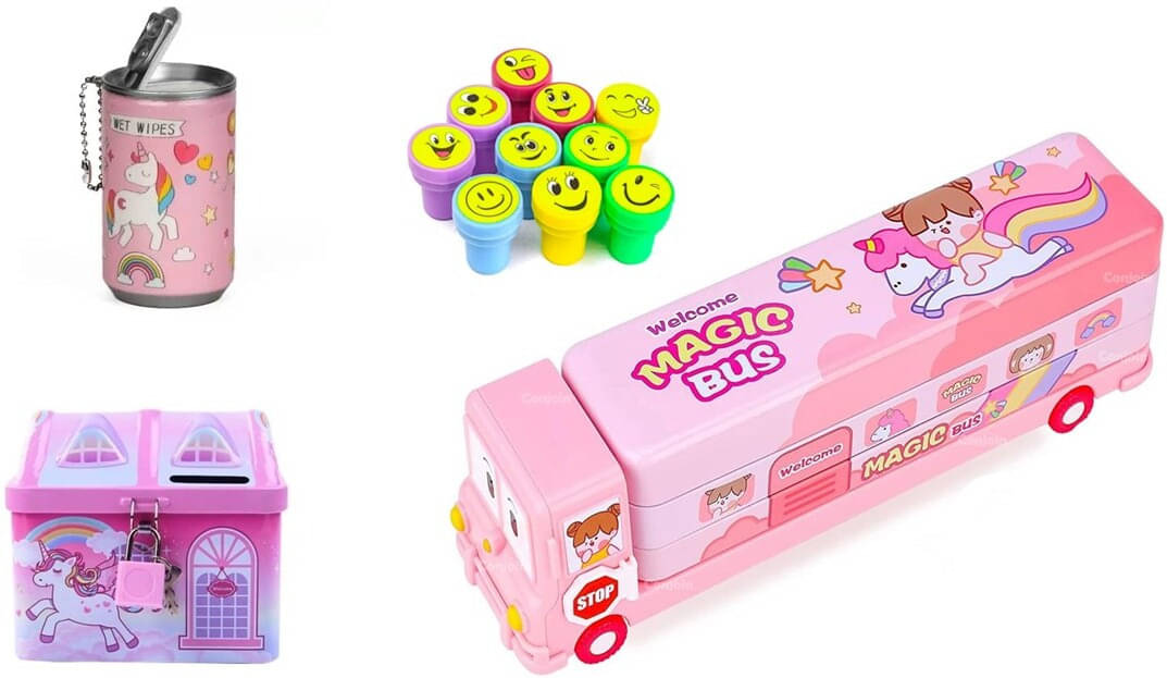     			MINDFIT Combo of Unicorn Birthday Gift Piggy Bank, Wet Wipes, Smiley Stamp, Pencil Box