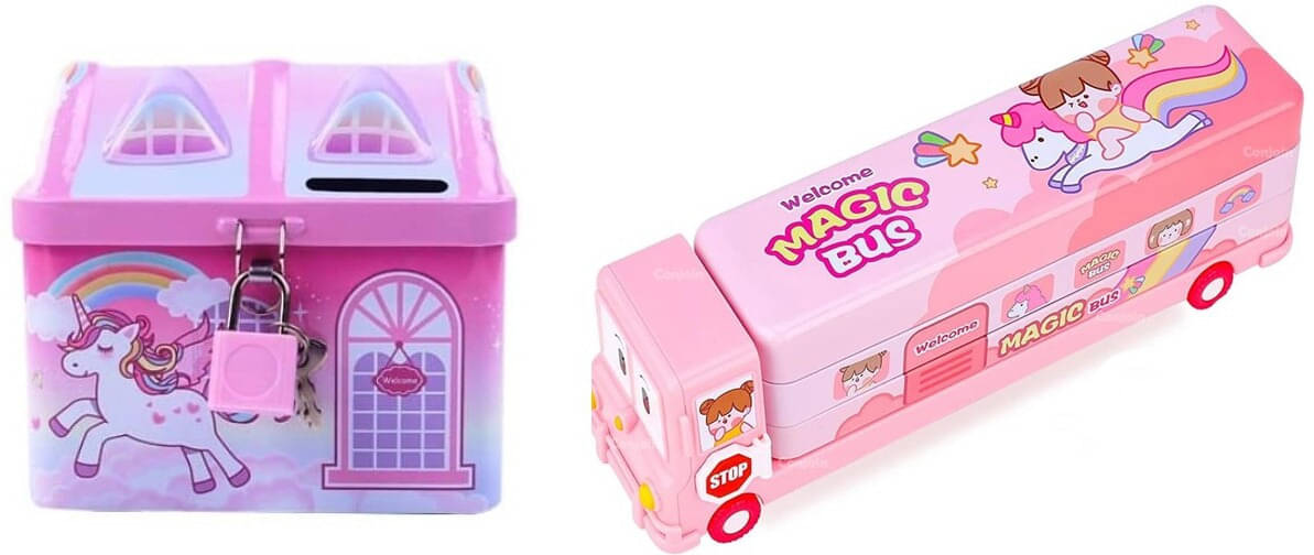     			MINDFIT Pack of 2 Item Birthday Return Gift For Kid Magic Bus Geometric Box & Piggy Bank
