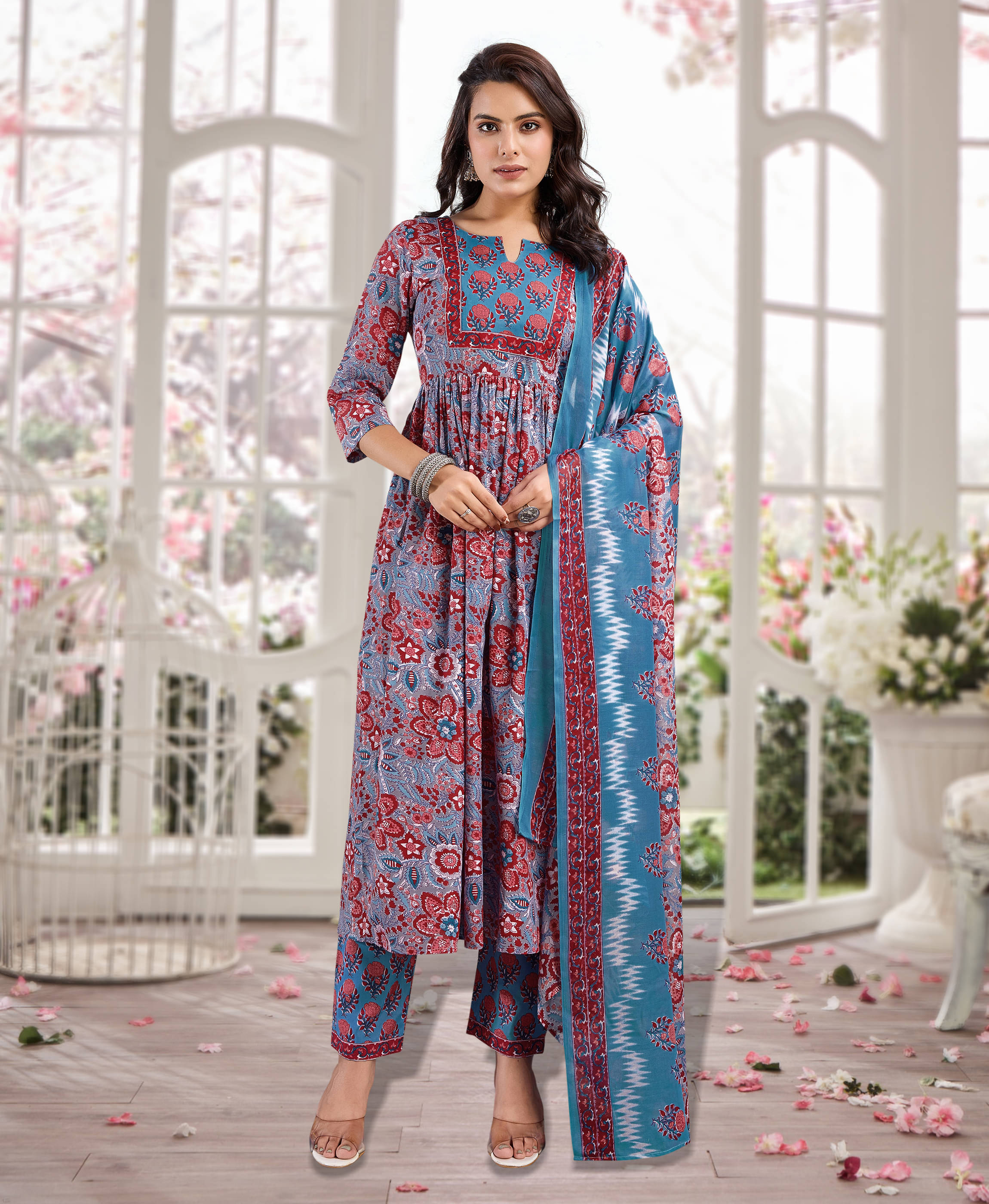     			MOJILAA Women Cotton Blend Printed Flared Kurti With Pants ( Blue )