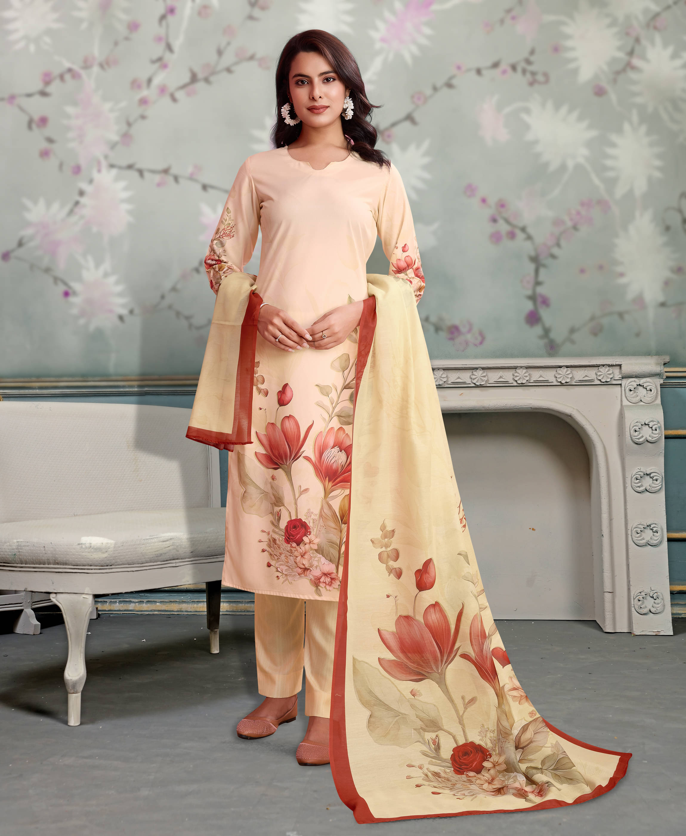 MOJILAA Women Crepe Printed Straight Kurti With Pants ( Beige ) MOJILAA Women Crepe Printed Straight Kurti With Pants ( Beige )
