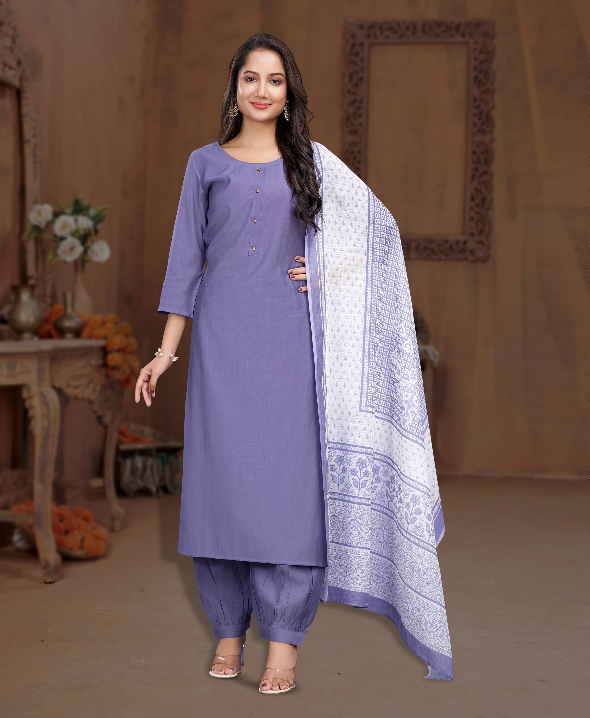     			MOJILAA Women Silk Blend Solid Straight Kurti With Salwar ( Lavender )