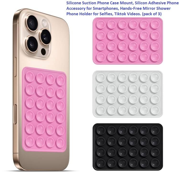     			Meghal Silicone Suction Phone Case Mount, Silicon Adhesive Phone Accessory for Smartphones, Hands-Free Mirror Shower Phone Holder for Selfies, Tiktok Videos (pack of 3)