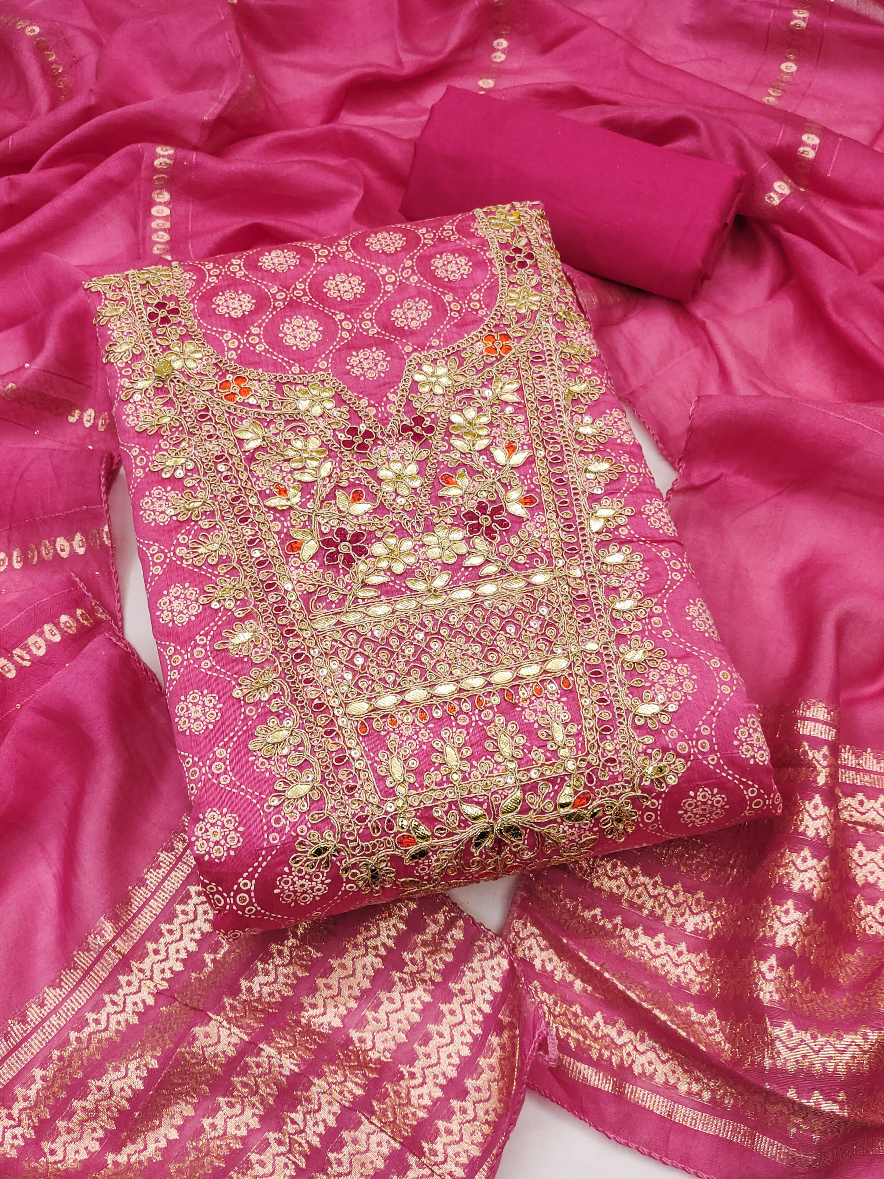     			Nayanthara Trends Women Chanderi Unstitched Dress Material ( Pink )