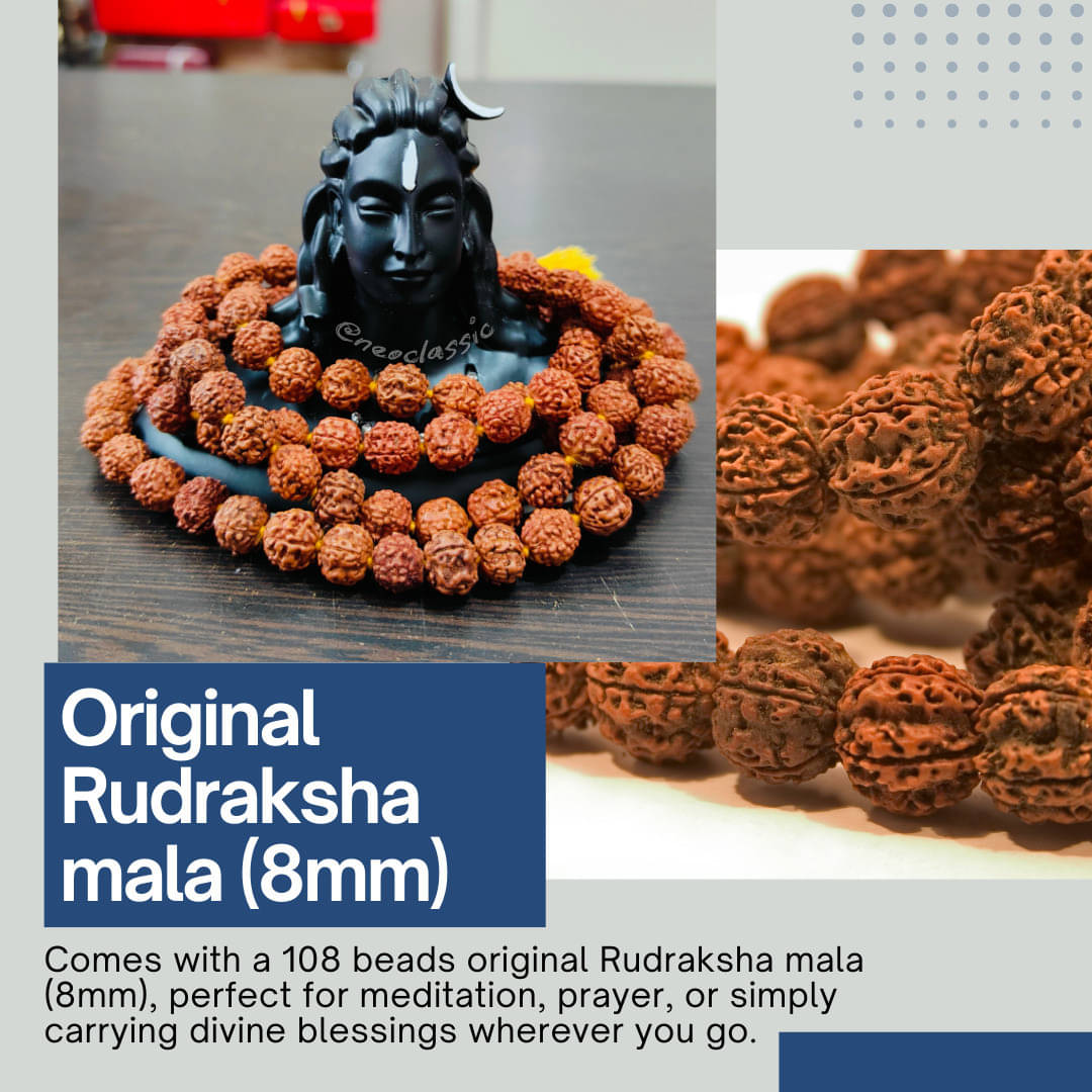 Neo Classic Adiyogi Shiva Idol With 108 Beads Original 8mm Rudraksha Mala Decorative Showpiece  -  6 cm (Aluminium, Black)     			Neo Classic Adiyogi Shiva Idol With 108 Beads Original 8mm Rudraksha Mala Decorative Showpiece  -  6 cm (Aluminium, Black)