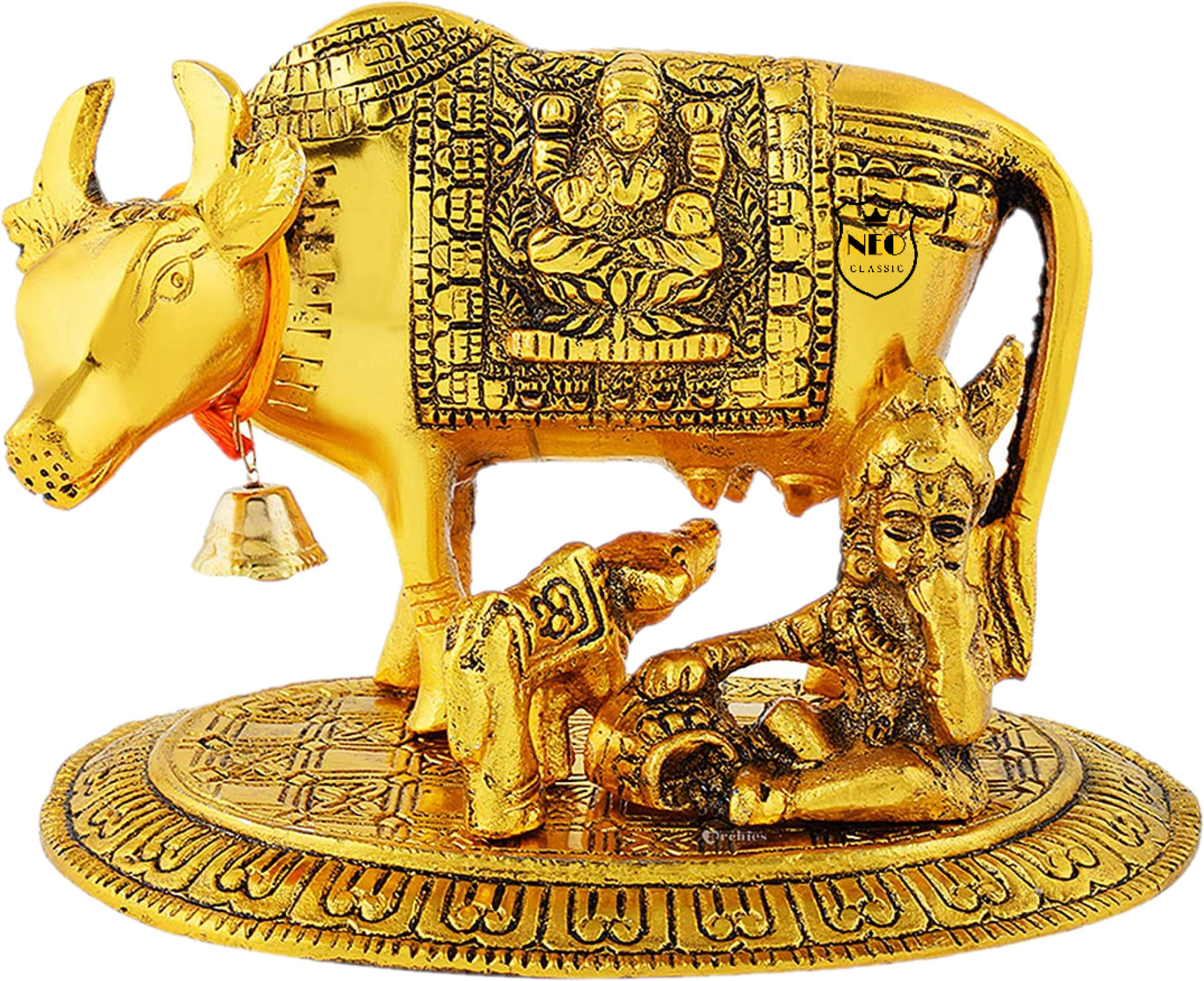 Neo Classic Cow Calf with Makkhan Gopal Cow & Calf Statues Decorative Showpiece  -  12 cm (Aluminium, Gold)     			Neo Classic Cow Calf with Makkhan Gopal Cow & Calf Statues Decorative Showpiece  -  12 cm (Aluminium, Gold)