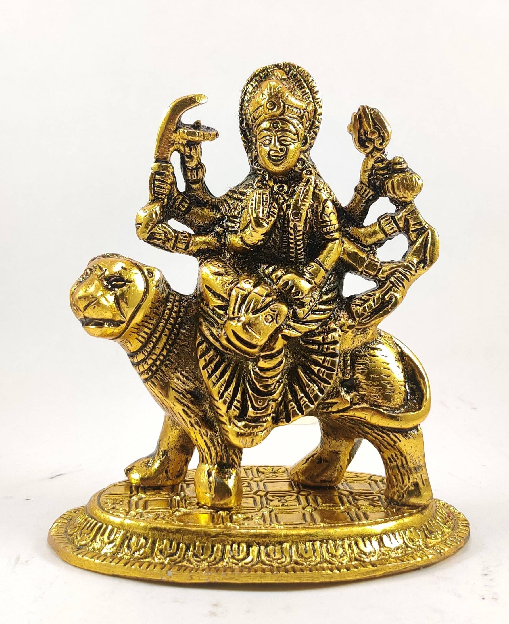     			Neo Classic Durga Maa Oval Base Idol for Home Temple, Navratri Figurine 5 inch Decorative Showpiece  -  14 cm (Aluminium, Gold)