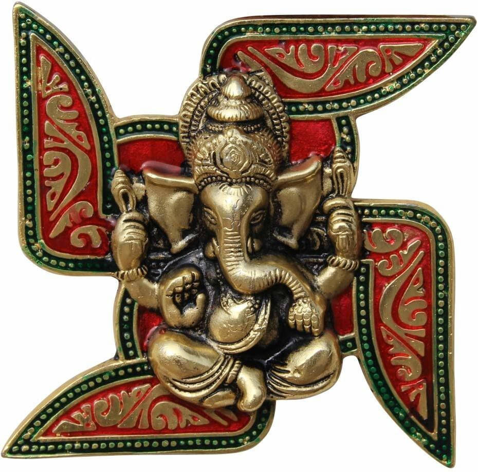 Neo Classic Ganesh On Swastik Wall Hanging Temple Good, Swastika Ganesha for Entrance Door Decorative Showpiece - 18 cm (Aluminium, Gold, Red) Neo Classic Ganesh On Swastik Wall Hanging Temple Good, Swastika Ganesha for Entrance Door Decorative Showpiece - 18 cm (Aluminium, Gold, Red)