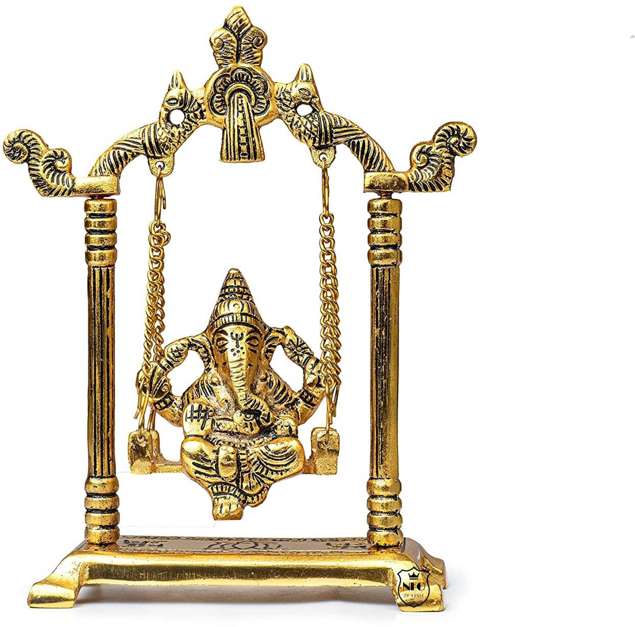     			Neo Classic Ganesh ji jhula Idol,Ganpati Idol on Swing jhula for Temple Pooja,Ganesh Metal Statue Home,Office & Table Decorative,Religious Showpiece Decorative Showpiece  -  20 cm (Aluminium, Gold)