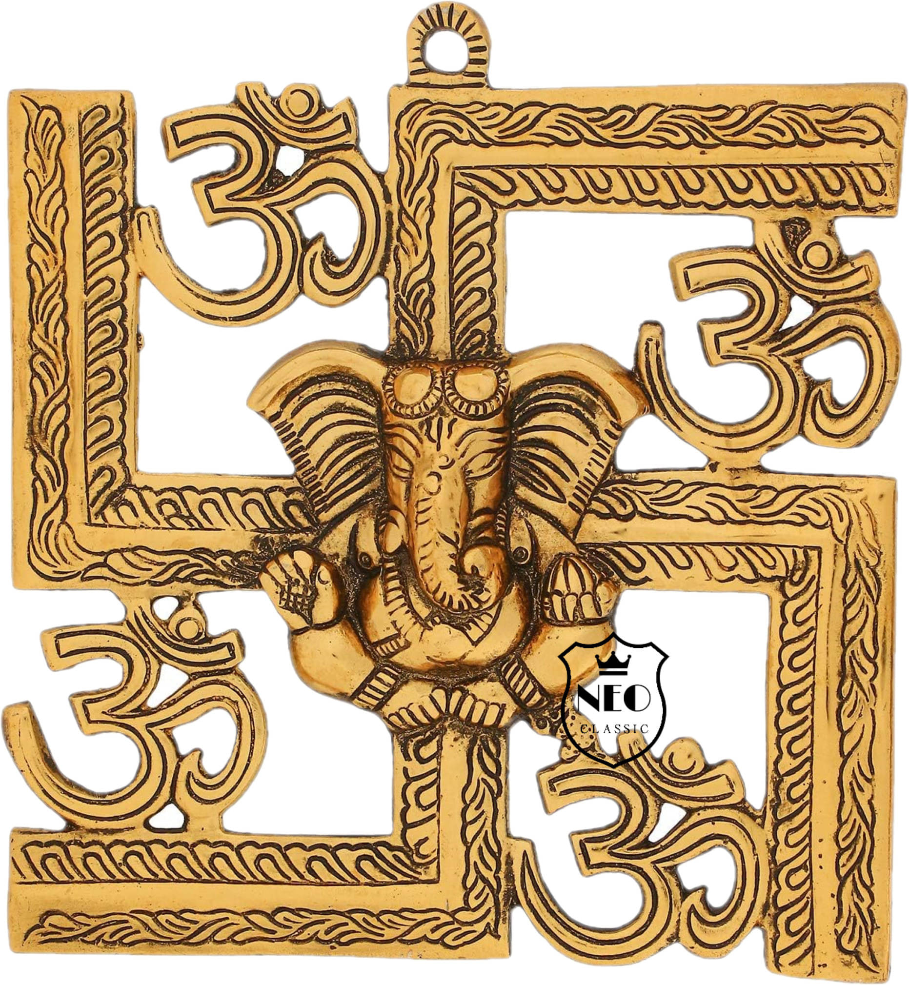     			Neo Classic Ganesh on Om Swastik Wall Hanging I Swastik ganesh I Modern Metal Wall Decor Decorative Showpiece  -  20 cm (Aluminium, Gold)