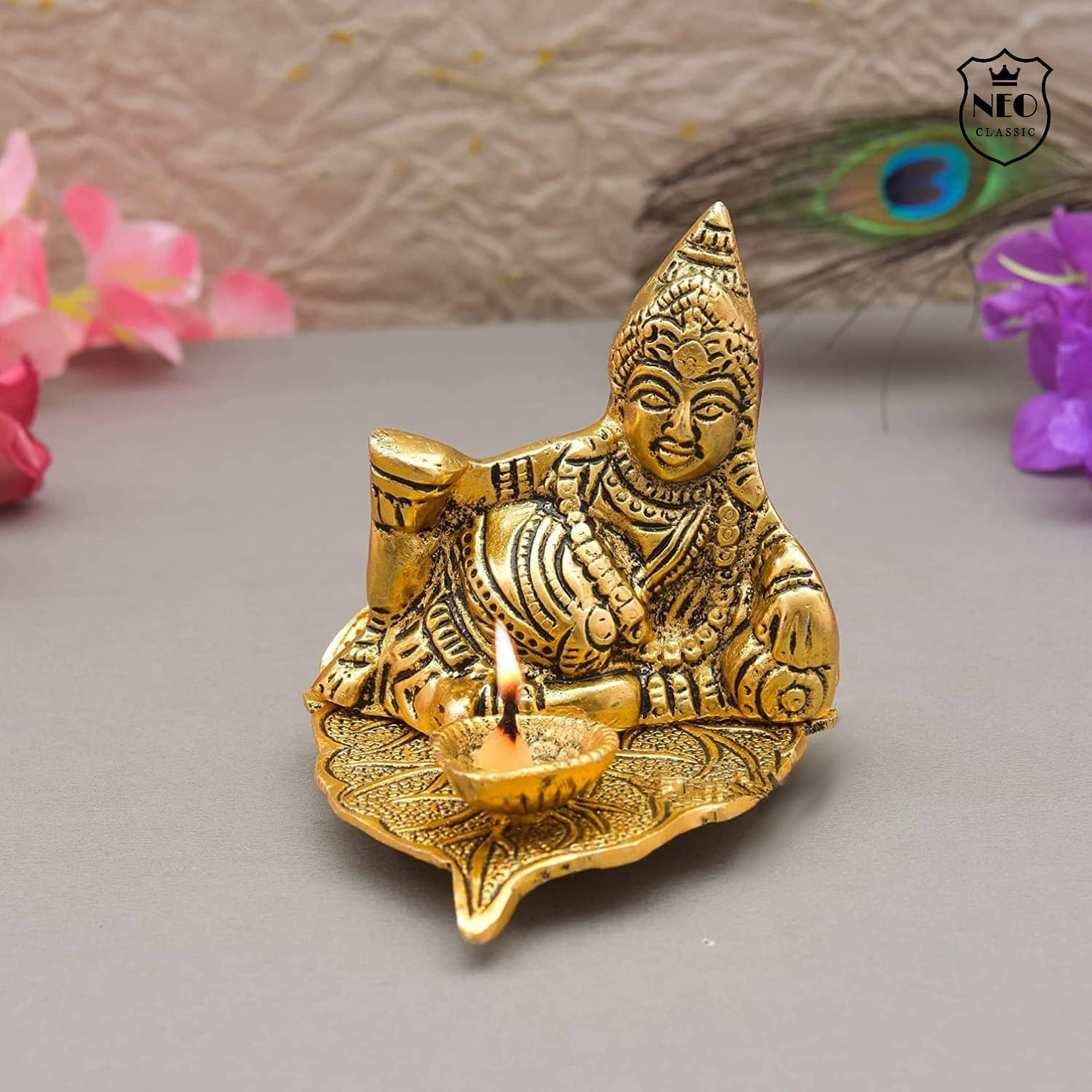     			Neo Classic Kuber Deepak on Leaf |Kubera Diya Decorative Showpiece  -  10 cm (Aluminium, Gold)
