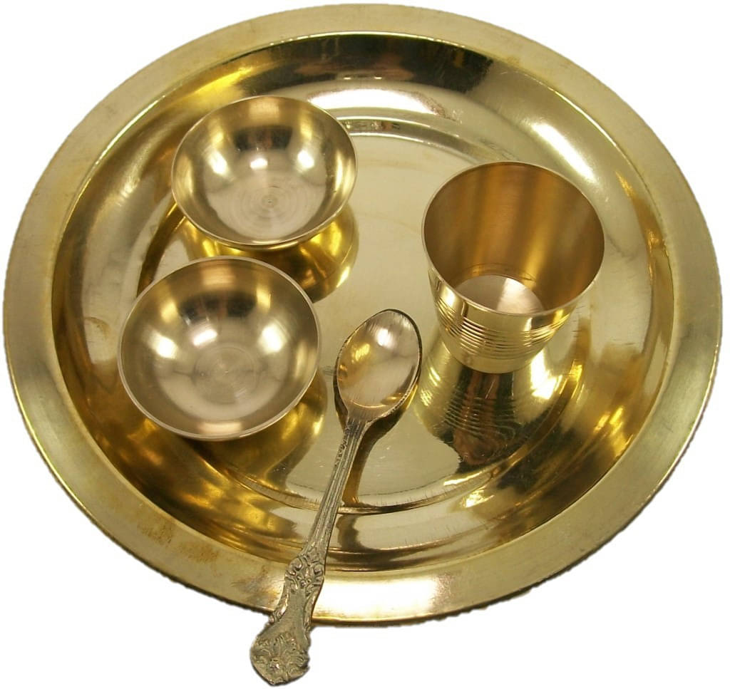     			Neo Classic Laddu Gopal Bhog Thali Set,Bhog Bartan for Puja/Bhog for Mandir Brass (5 Pieces, Gold)