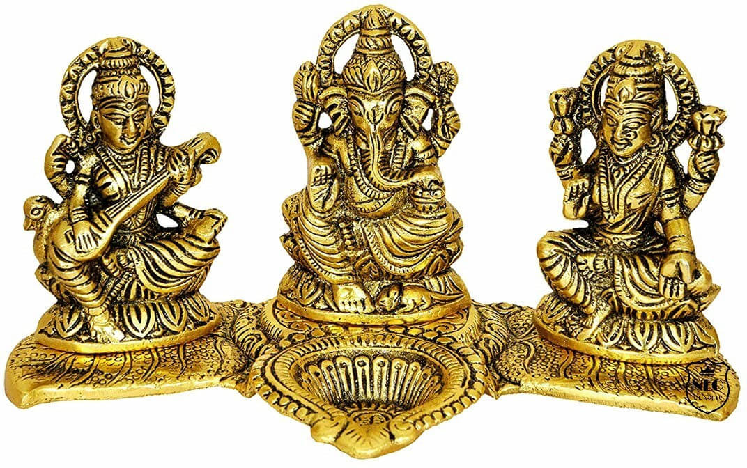 Neo Classic Laxmi Ganesh Sarasvati Metal Murti Idol with Diya, Diwali Decoration Item Decorative Showpiece - 10 cm (Aluminium, Gold) Neo Classic Laxmi Ganesh Sarasvati Metal Murti Idol with Diya, Diwali Decoration Item Decorative Showpiece - 10 cm (Aluminium, Gold)