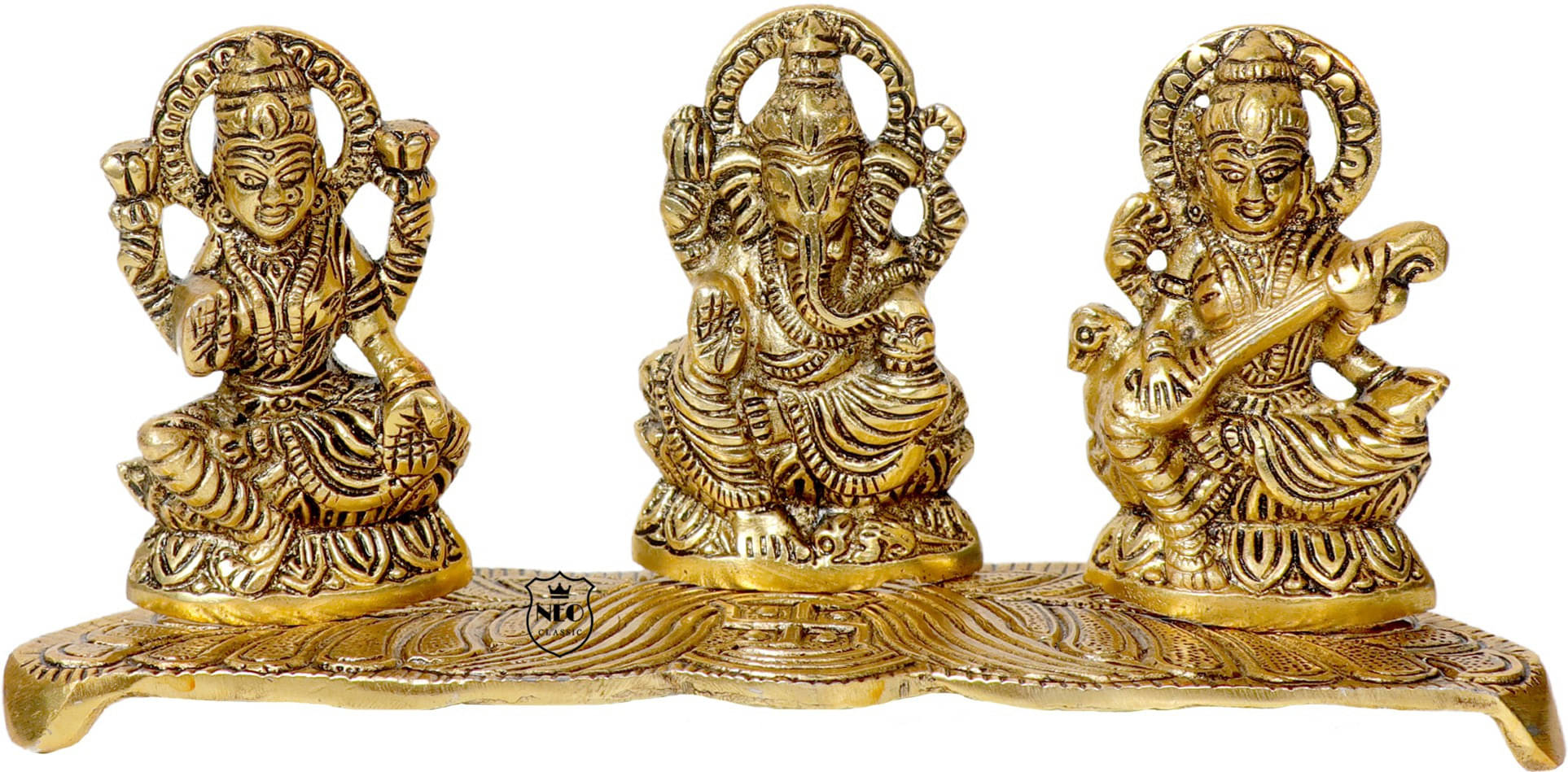 Neo Classic Laxmi Ganesh Saraswati Idol Decoration Pooja Showpiece Sitting Idol Decorative Showpiece - 10 cm (Aluminium, Gold) Neo Classic Laxmi Ganesh Saraswati Idol Decoration Pooja Showpiece Sitting Idol Decorative Showpiece - 10 cm (Aluminium, Gold)