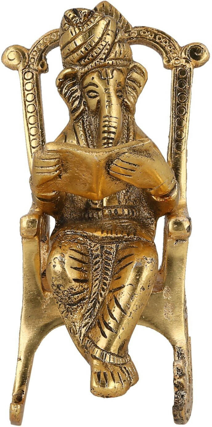 Neo Classic Lord Ganesha Reading Ramayana Ganpati Sitting on Chair Decorative Showpiece Decorative Showpiece  -  16 cm (Aluminium, Gold)     			Neo Classic Lord Ganesha Reading Ramayana Ganpati Sitting on Chair Decorative Showpiece Decorative Showpiece  -  16 cm (Aluminium, Gold)
