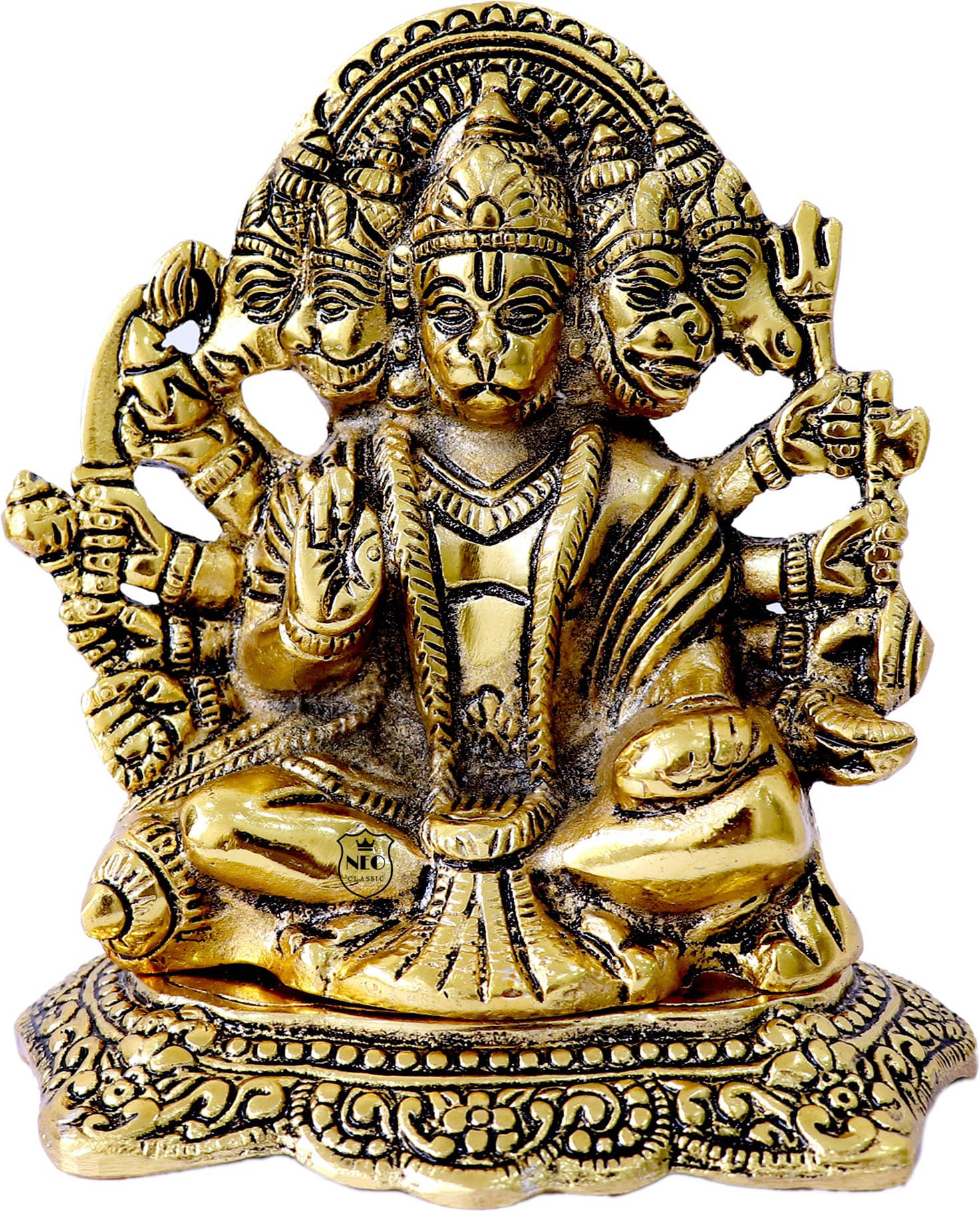 Neo Classic Panchmukhi Hanuman Bajrangbali Sitting 5.5 Inch Decorative Showpiece - 14 cm (Aluminium, Gold) Neo Classic Panchmukhi Hanuman Bajrangbali Sitting 5.5 Inch Decorative Showpiece - 14 cm (Aluminium, Gold)