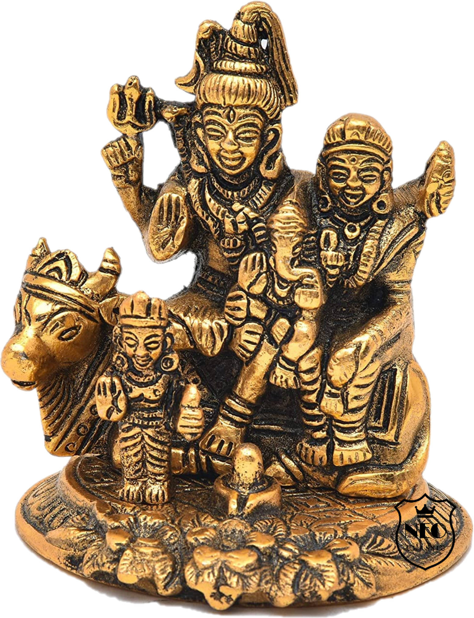 Neo Classic Shiv Parivar Shiva Parvati and Ganesha and Kartik Sitting On Nandi Idol Decorative Showpiece - 10.5 cm (Aluminium, Gold) Neo Classic Shiv Parivar Shiva Parvati and Ganesha and Kartik Sitting On Nandi Idol Decorative Showpiece - 10.5 cm (Aluminium, Gold)