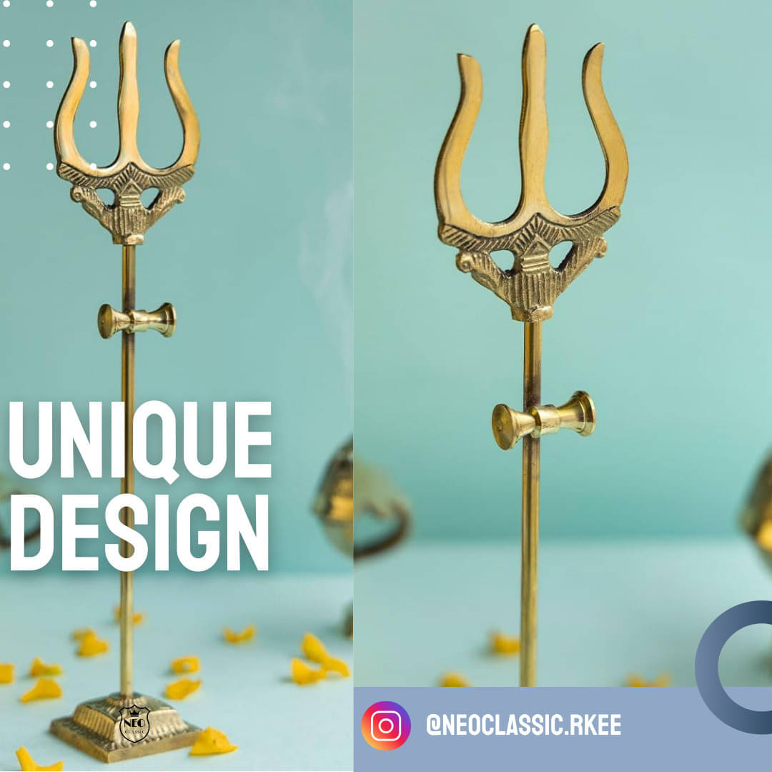     			Neo Classic Shiva Trishul Brass with Damru on Stand Traditional Trident Statue H-7 inch Decorative Showpiece  -  18 cm (Brass, Gold)
