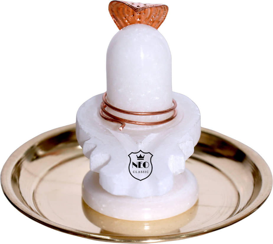    			Neo Classic Shivling White Marble With Brass Plate Copper Naag Height- 3" inch Decorative Showpiece  -  9 cm (Marble, Brass, Copper, White, Gold)