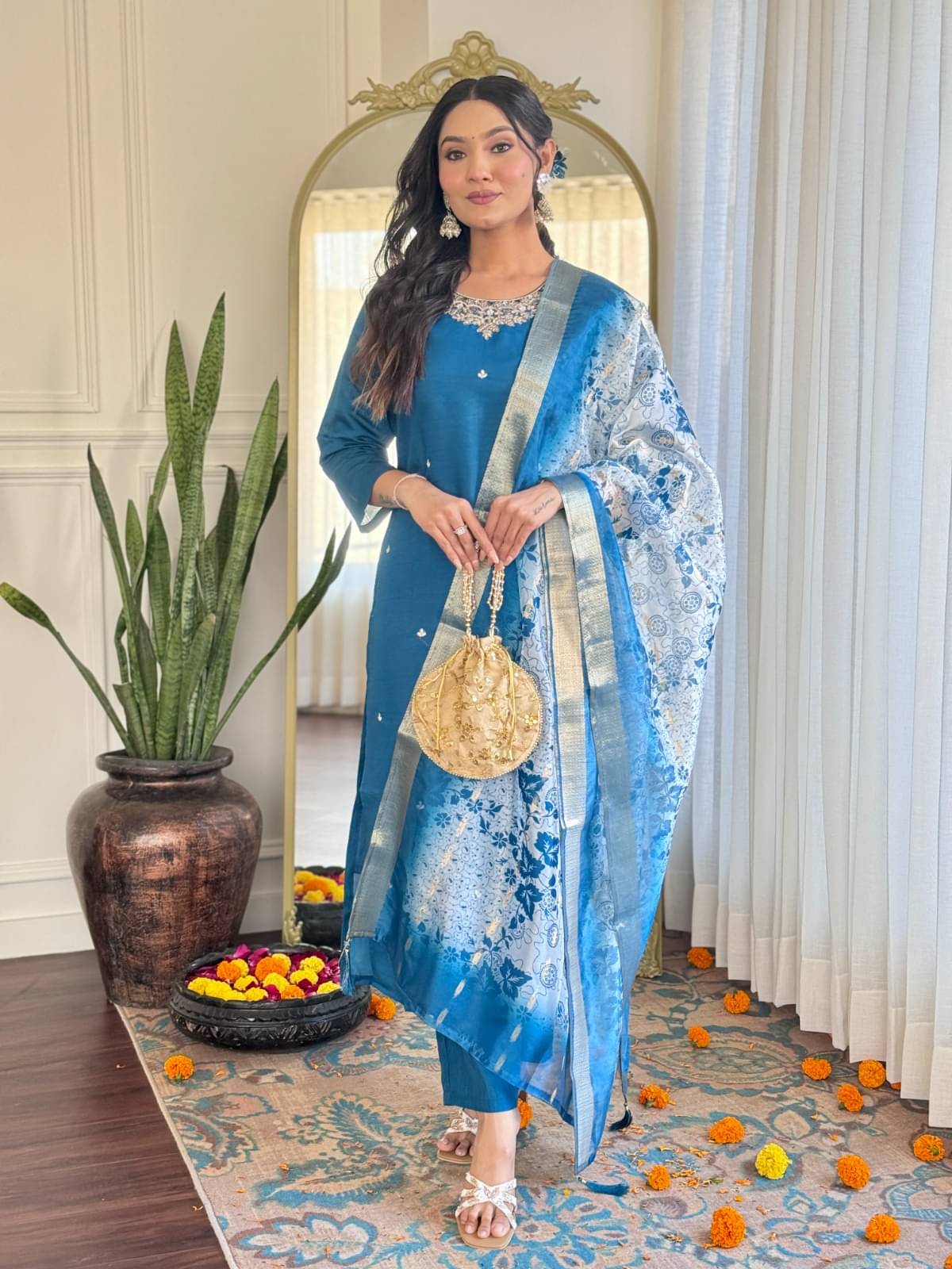 RADHEKRISHNA FASHIONABLES Women Rayon Embroidered A-line Kurti With Pants ( Blue ) RADHEKRISHNA FASHIONABLES Women Rayon Embroidered A-line Kurti With Pants ( Blue )