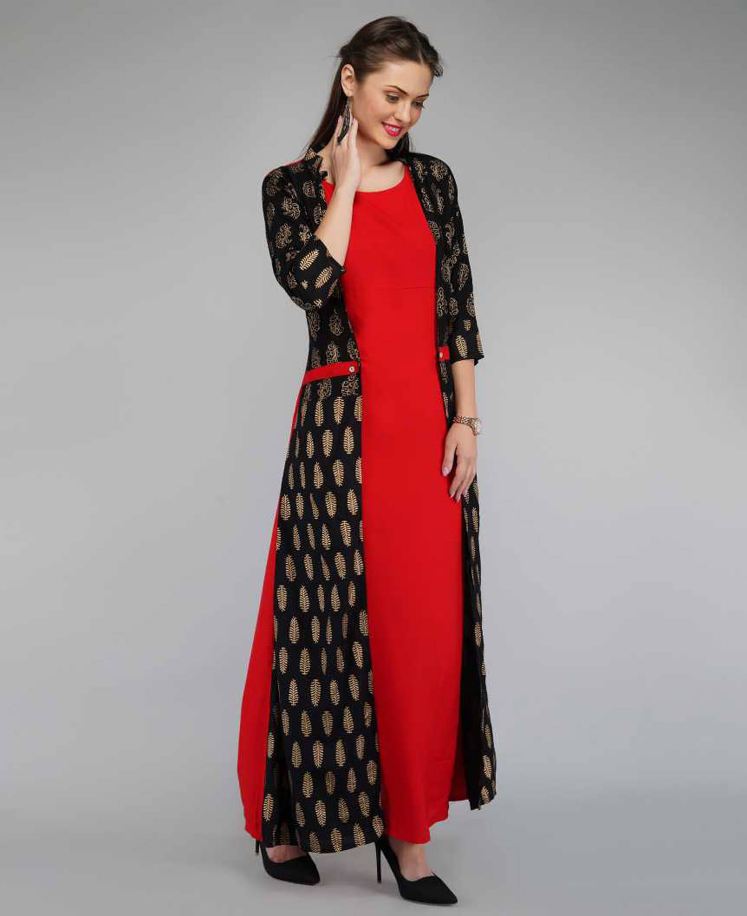     			SHREE JEE FABRICS Women Rayon Printed A-line Kurti ( Red )