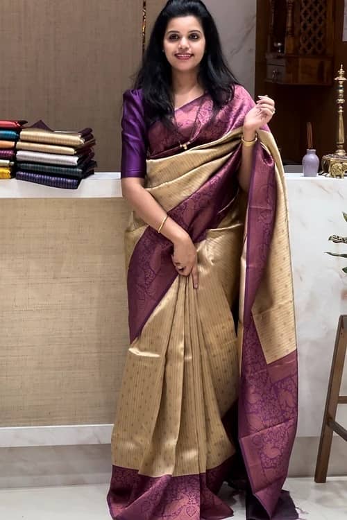 Semore Art Silk Embellished Banarasi saree With Unstitched Blouse Piece ( Cream ) - Sarees | Buy online on ZillyBuy