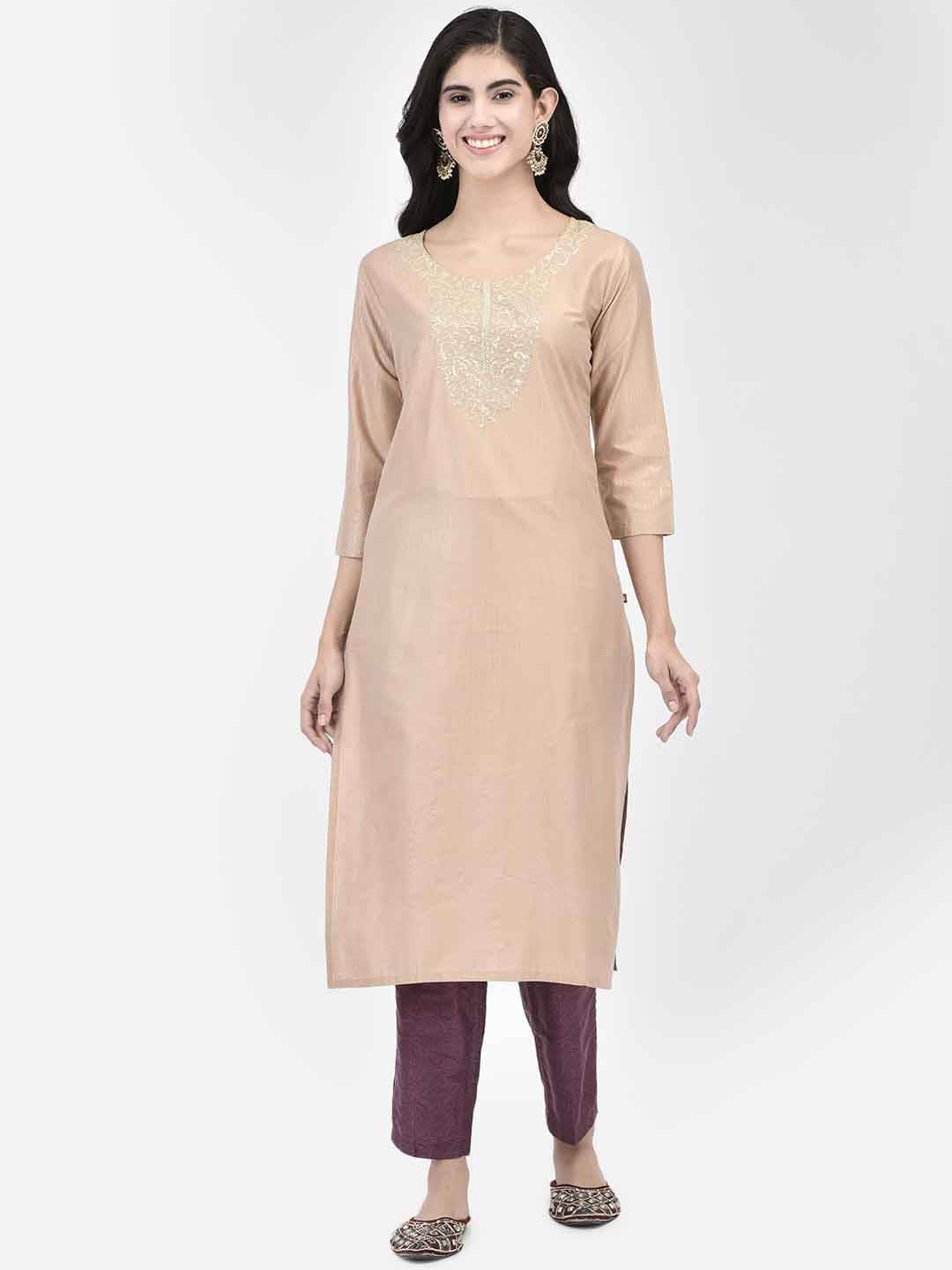 Span Women Viscose Embellished Straight Kurti ( Beige )     			Span Women Viscose Embellished Straight Kurti ( Beige )