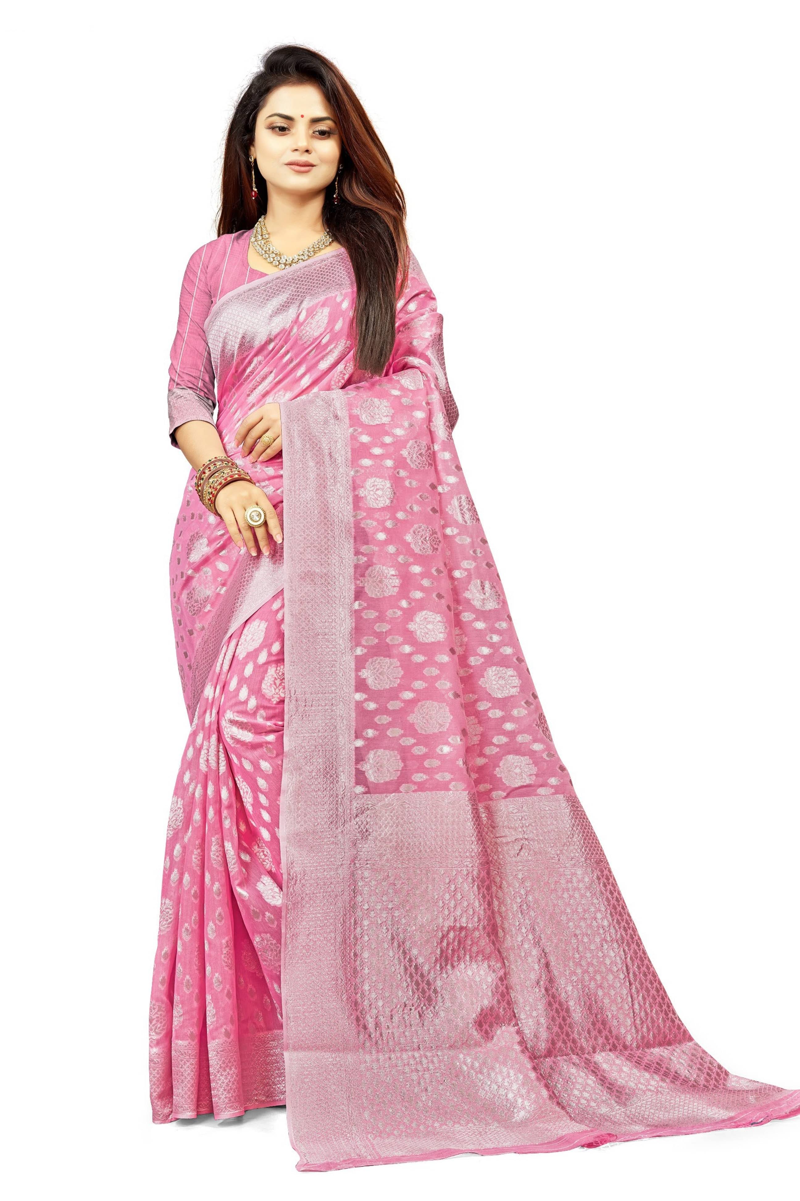     			Suali Cotton Woven Chanderi saree With Unstitched Blouse Piece ( Pink )