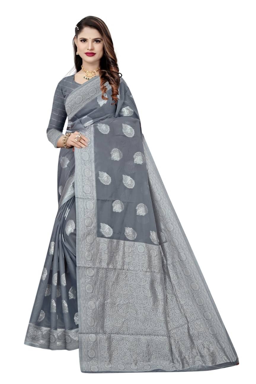     			Suali Cotton Woven Chanderi saree With Unstitched Blouse Piece ( Grey )