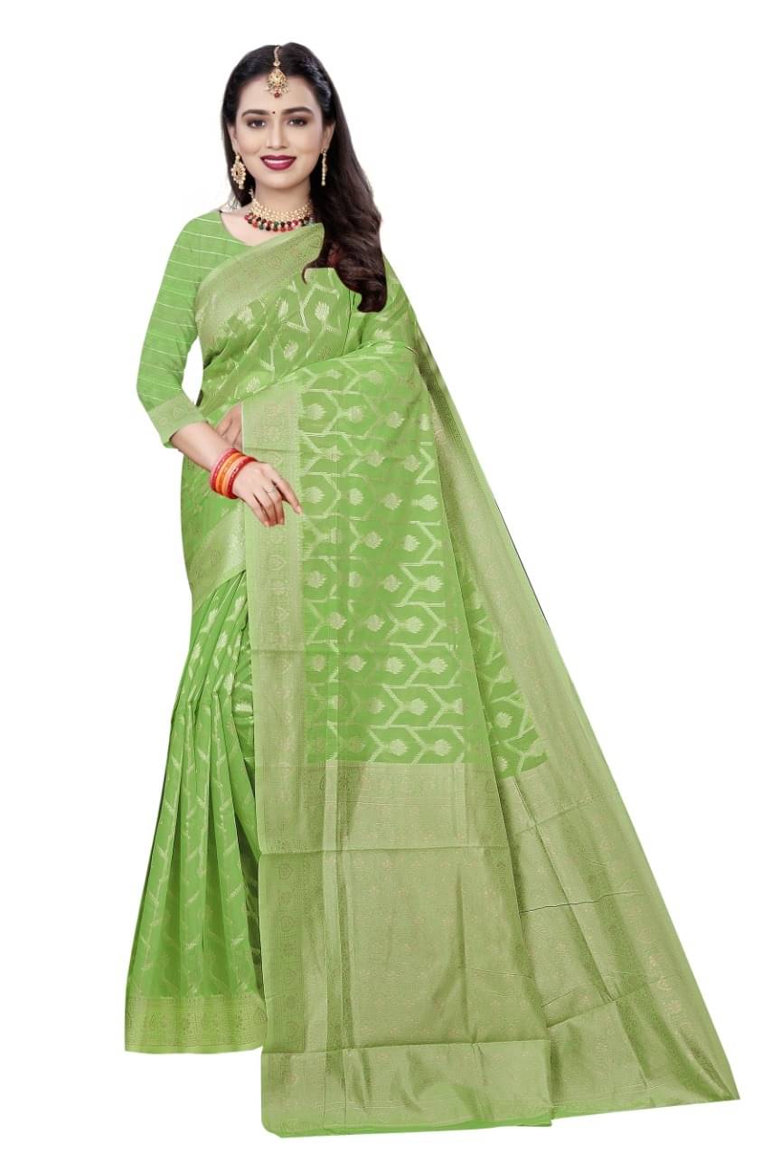     			Suali Cotton Woven Chanderi saree With Unstitched Blouse Piece ( Light Green )