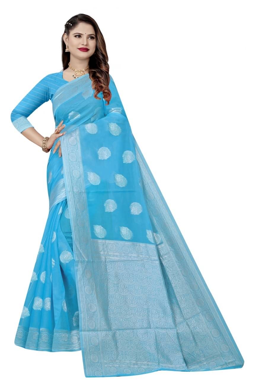     			Suali Cotton Woven Chanderi saree With Unstitched Blouse Piece ( Light Blue )