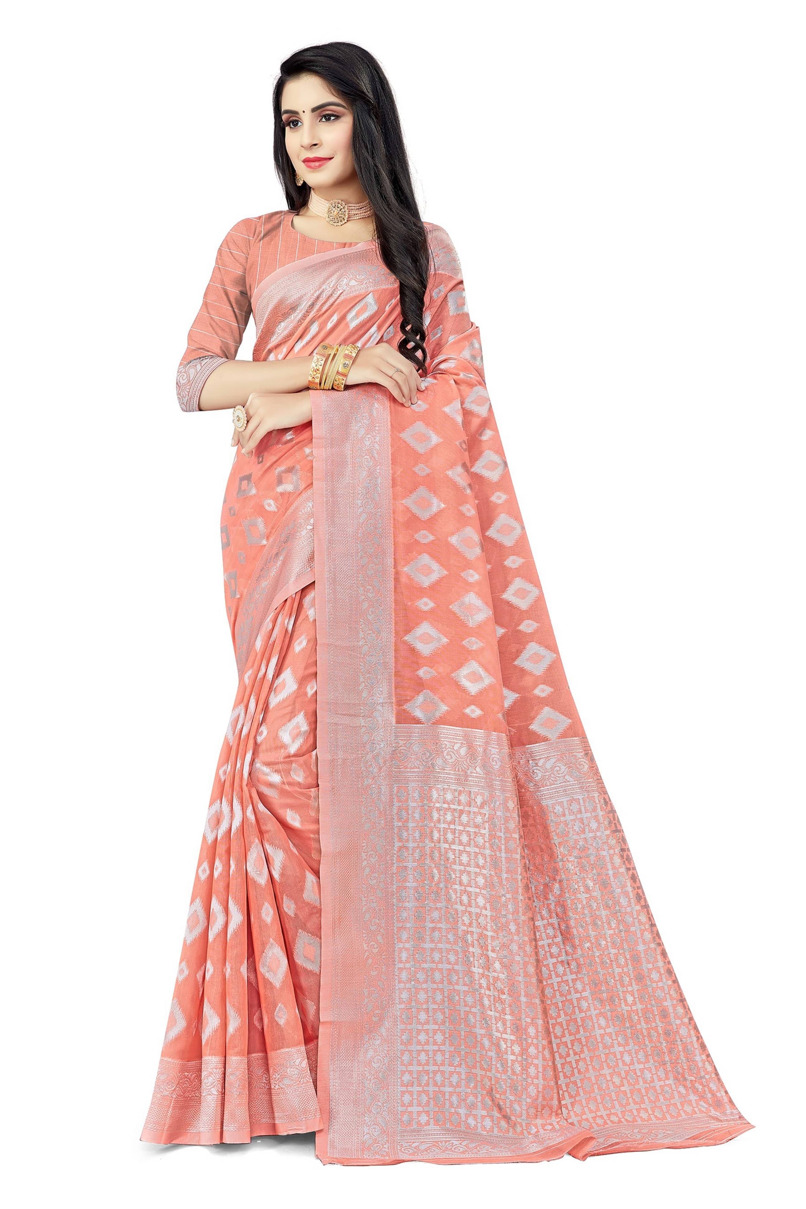     			Suali Cotton Woven Chanderi saree With Unstitched Blouse Piece ( Peach )