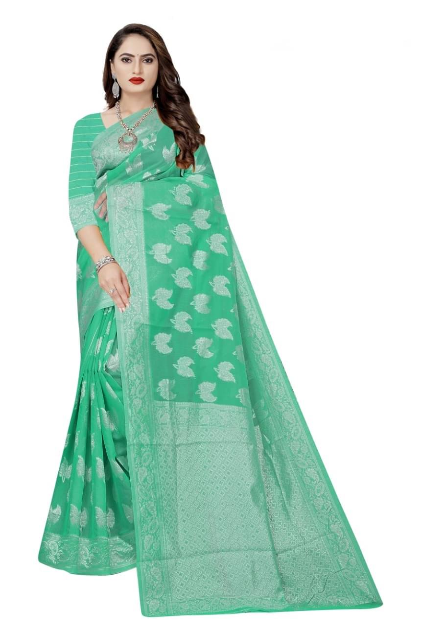Suali Cotton Woven Chanderi saree With Unstitched Blouse Piece ( Rama ) Suali Cotton Woven Chanderi saree With Unstitched Blouse Piece ( Rama )