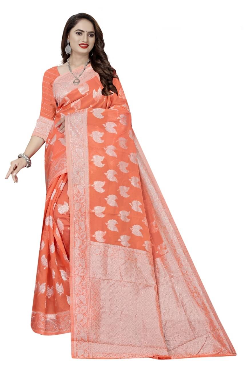    			Suali Cotton Woven Chanderi saree With Unstitched Blouse Piece ( Peach )