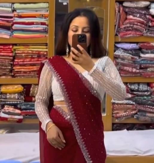     			Suali Georgette Embellished Mashru Saree With Unstitched Blouse Piece ( Maroon )