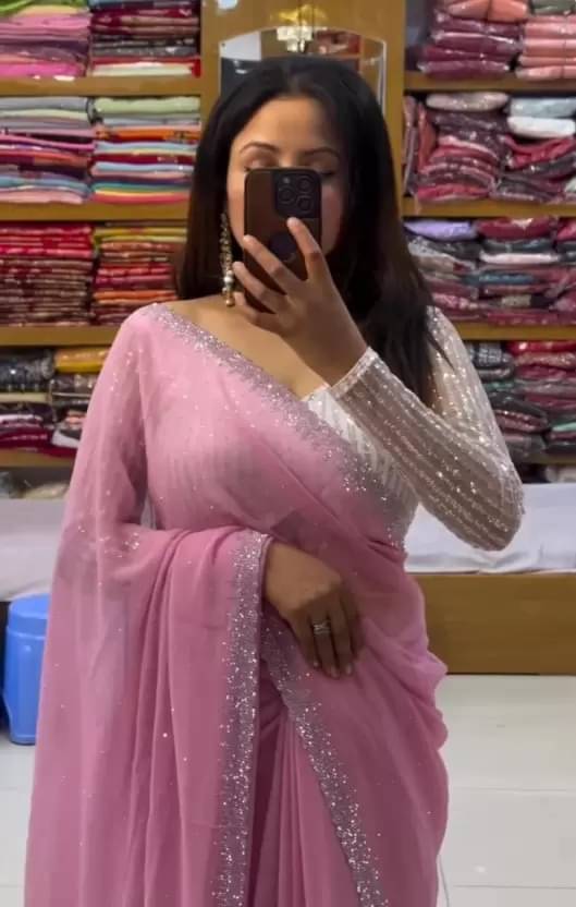 Suali Georgette Embellished Mashru Saree With Unstitched Blouse Piece ( Pink ) Suali Georgette Embellished Mashru Saree With Unstitched Blouse Piece ( Pink )