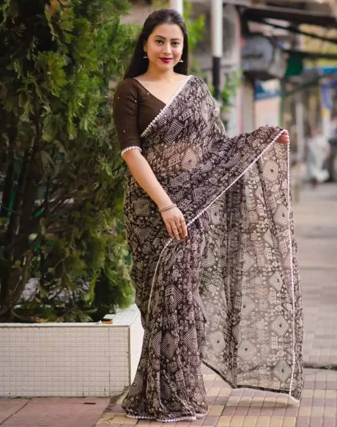     			Suali Georgette Printed Pashmina Saree With Unstitched Blouse Piece ( Brown )