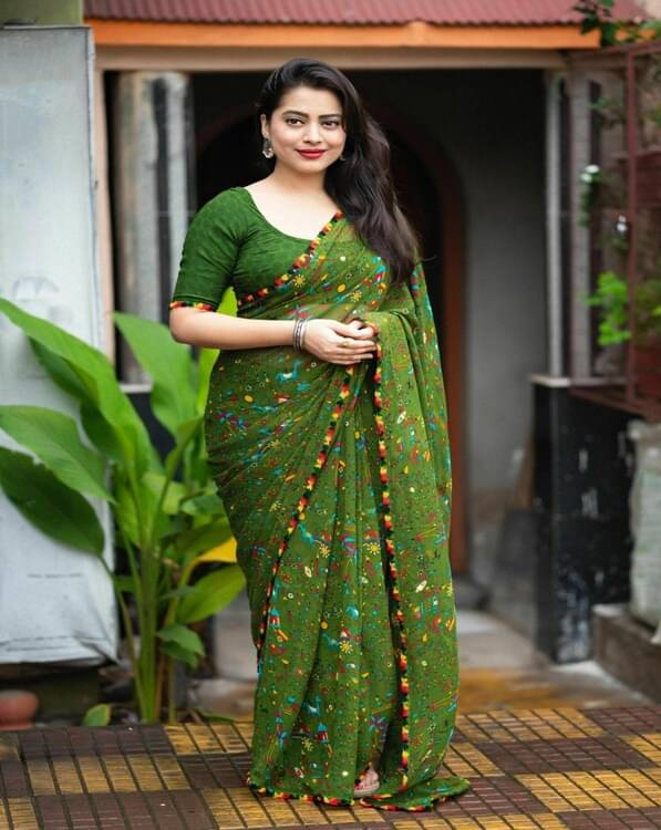     			Suali Georgette Printed Phulkari saree With Unstitched Blouse Piece ( Green )
