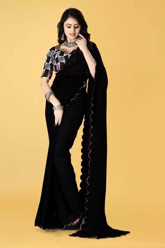 Suali Georgette Solid Chanderi saree With Unstitched Blouse Piece ( Black ) Suali Georgette Solid Chanderi saree With Unstitched Blouse Piece ( Black )
