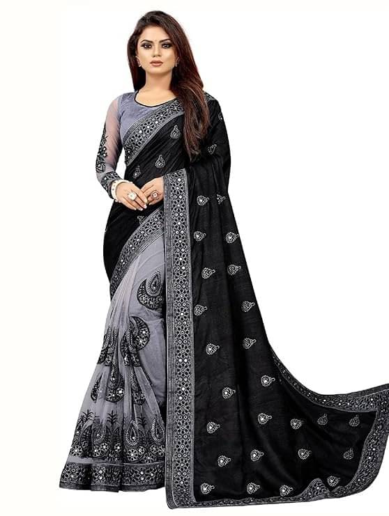     			Suali Net Embroidered Phulkari saree With Unstitched Blouse Piece ( Black )