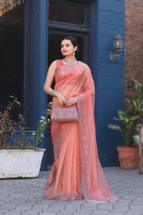 Suali Organza Self Design Mysore Silk Sarees With Unstitched Blouse Piece ( Peach ) Suali Organza Self Design Mysore Silk Sarees With Unstitched Blouse Piece ( Peach )