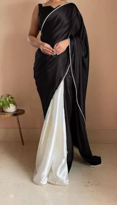 Suali Satin Embellished Chanderi saree With Unstitched Blouse Piece ( Black ) Suali Satin Embellished Chanderi saree With Unstitched Blouse Piece ( Black )