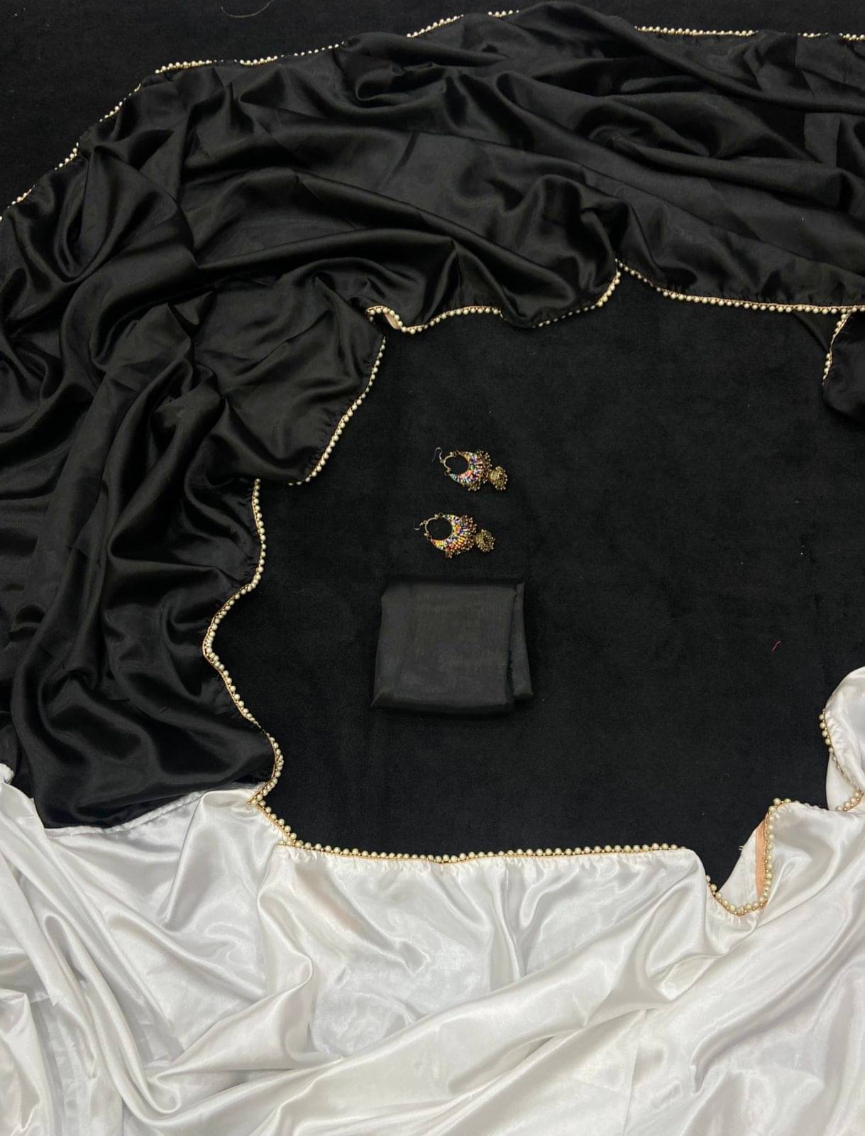 Suali Satin Solid Chanderi saree With Unstitched Blouse Piece ( Black ) Suali Satin Solid Chanderi saree With Unstitched Blouse Piece ( Black )