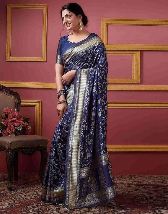 Suali Silk Woven Banarasi saree With Unstitched Blouse Piece ( Navy Blue ) Suali Silk Woven Banarasi saree With Unstitched Blouse Piece ( Navy Blue )
