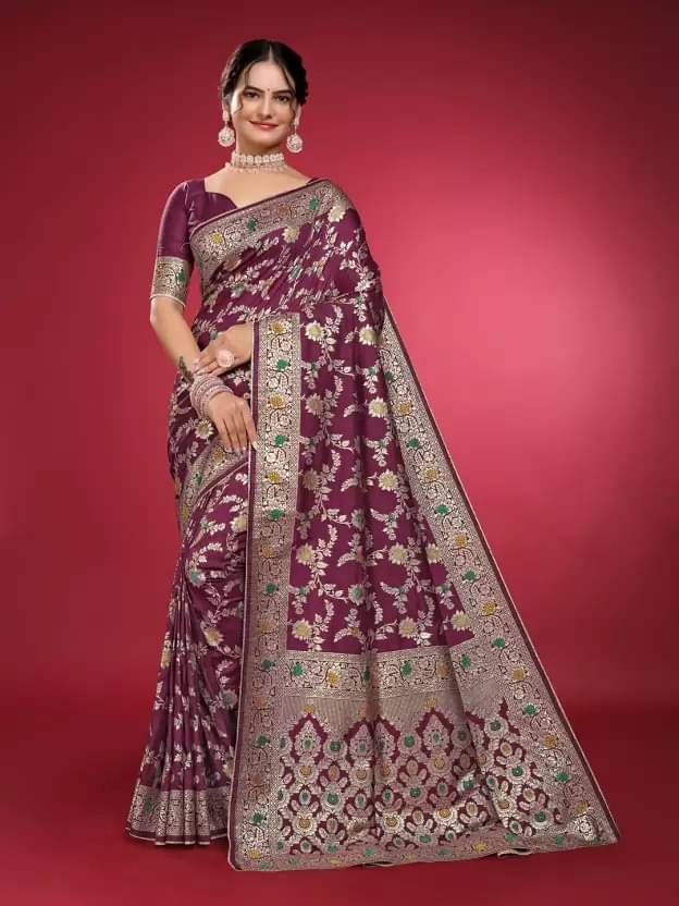     			Suali Silk Woven Banarasi saree With Unstitched Blouse Piece ( Wine )