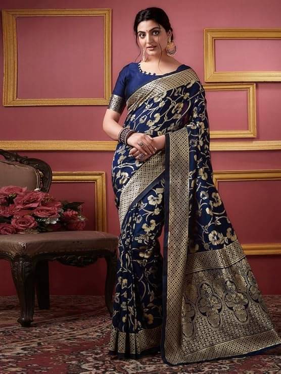 Suali Silk Woven Banarasi saree With Unstitched Blouse Piece ( Navy Blue ) Suali Silk Woven Banarasi saree With Unstitched Blouse Piece ( Navy Blue )